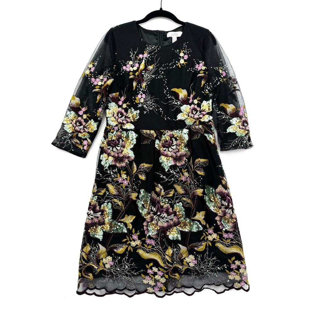 Belle Badgley Mischka Embroidered Sequin Floral Mesh Dress Size 8 Cocktail Party